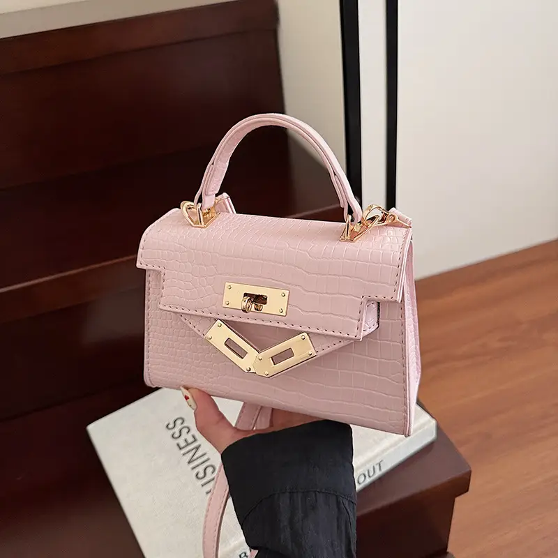 Pink Croc Leather Shoulder Bag with Gold Clasp - Image 6