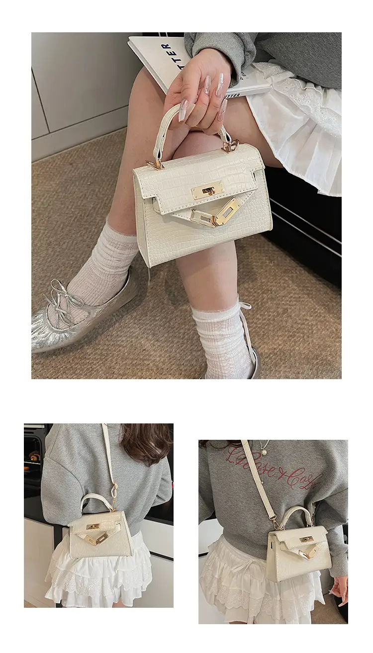 Pink Croc Leather Shoulder Bag with Gold Clasp — feature 10