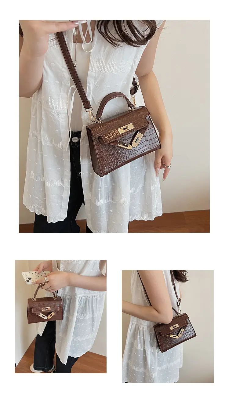 Pink Croc Leather Shoulder Bag with Gold Clasp — feature 11