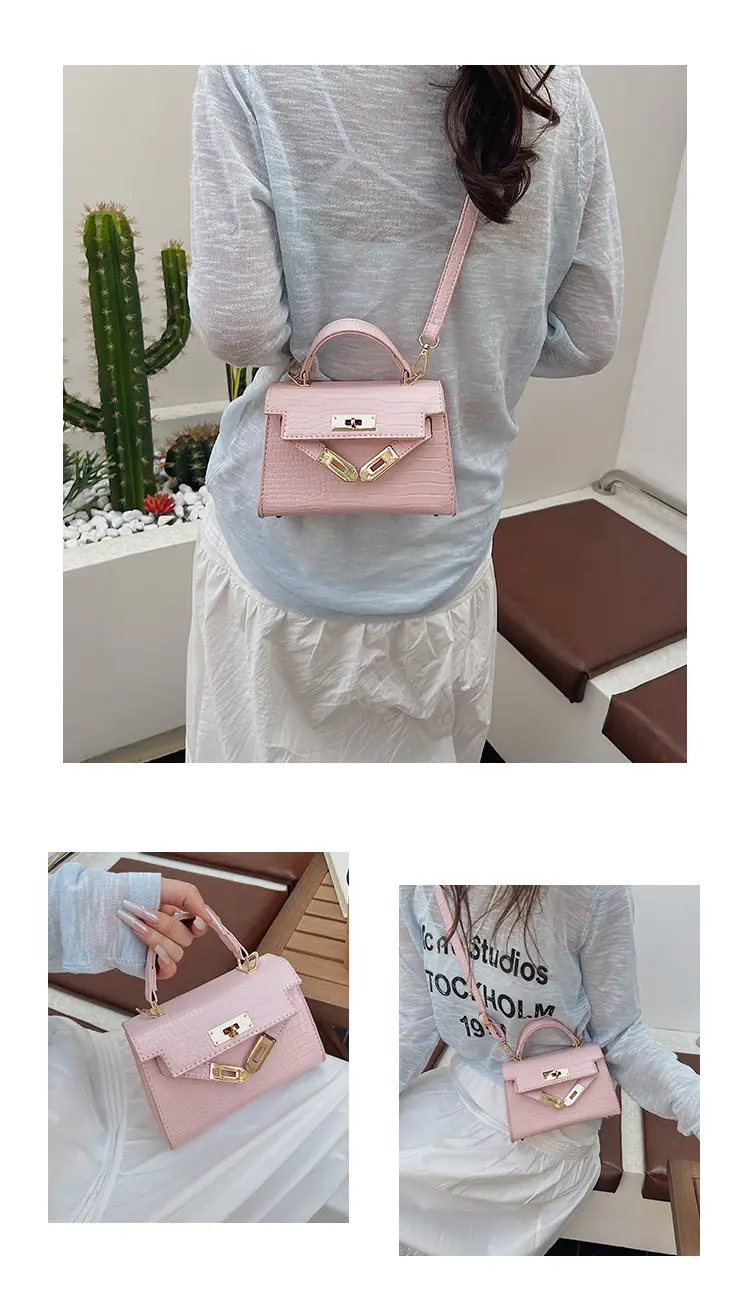 Pink Croc Leather Shoulder Bag with Gold Clasp — feature 13