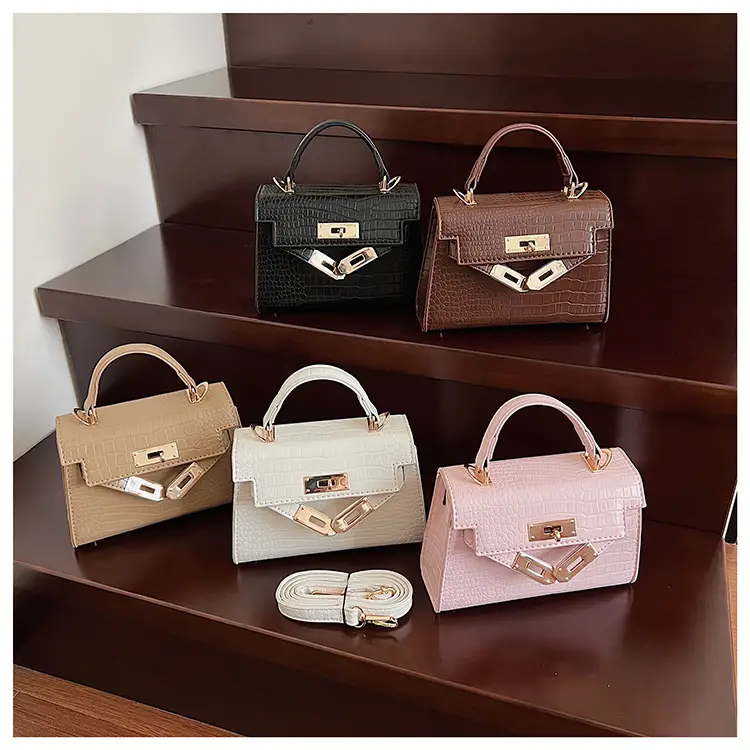 Pink Croc Leather Shoulder Bag with Gold Clasp — feature 17