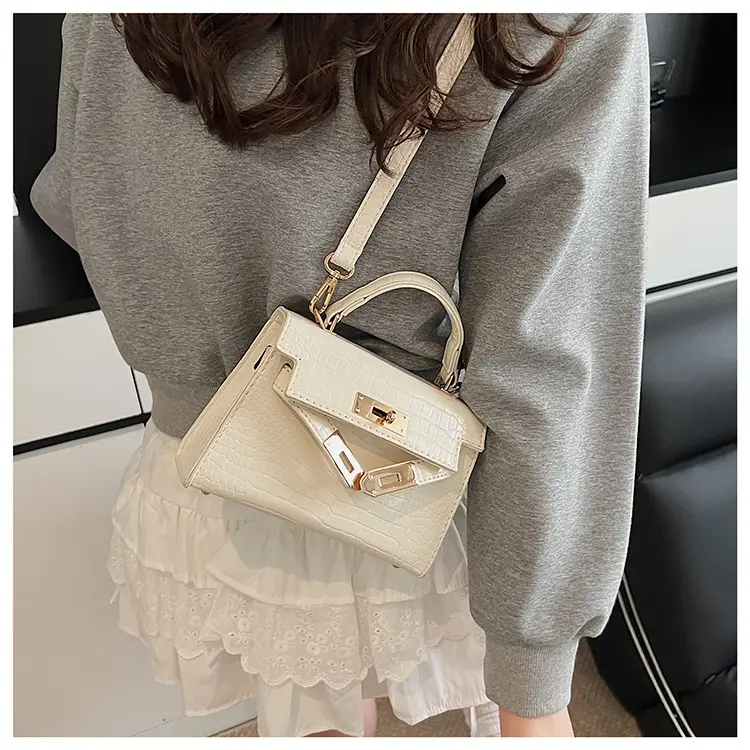 Pink Croc Leather Shoulder Bag with Gold Clasp — feature 18