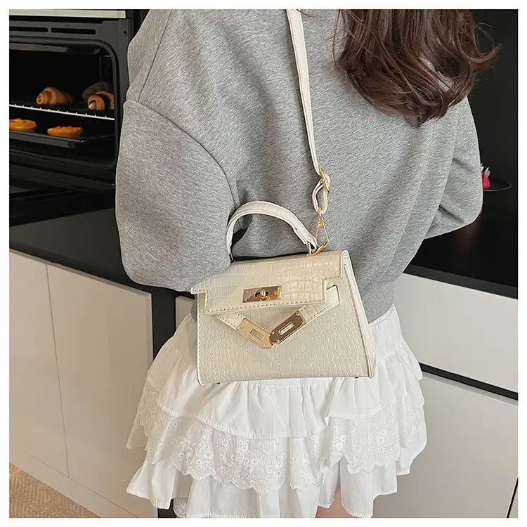 Pink Croc Leather Shoulder Bag with Gold Clasp — feature 19