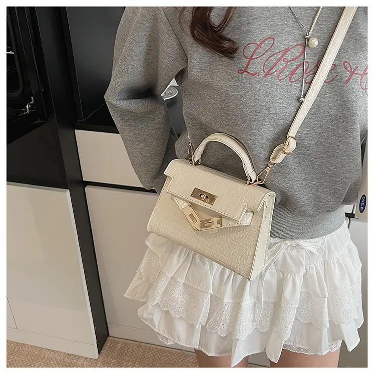 Pink Croc Leather Shoulder Bag with Gold Clasp — feature 21