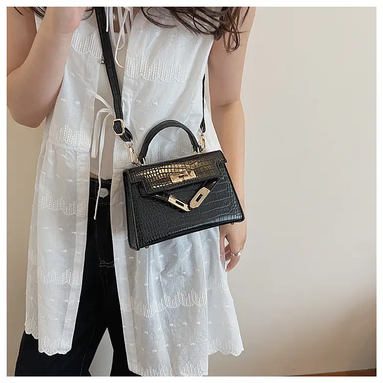 Pink Croc Leather Shoulder Bag with Gold Clasp — feature 29