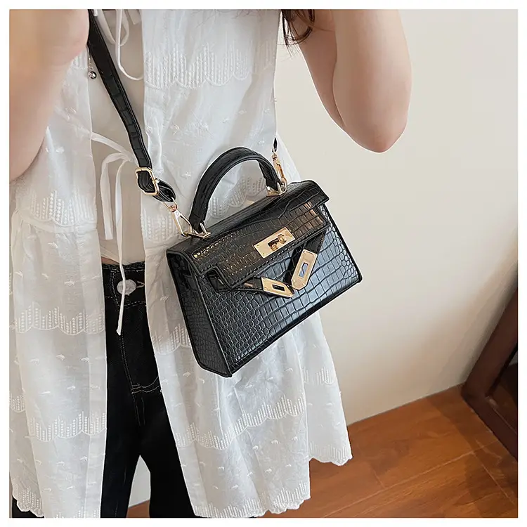 Pink Croc Leather Shoulder Bag with Gold Clasp — feature 30