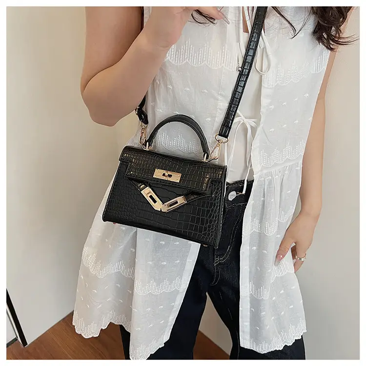 Pink Croc Leather Shoulder Bag with Gold Clasp — feature 31