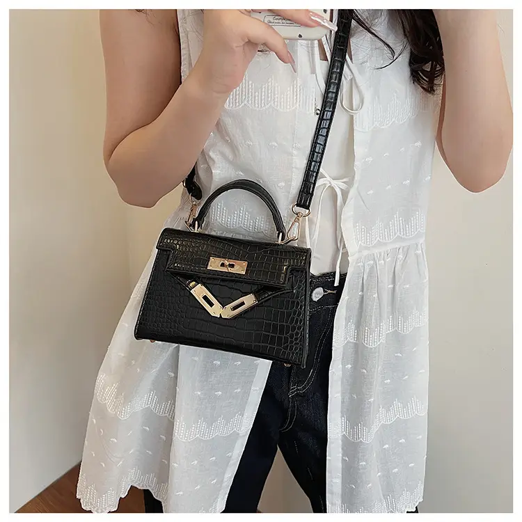 Pink Croc Leather Shoulder Bag with Gold Clasp — feature 32