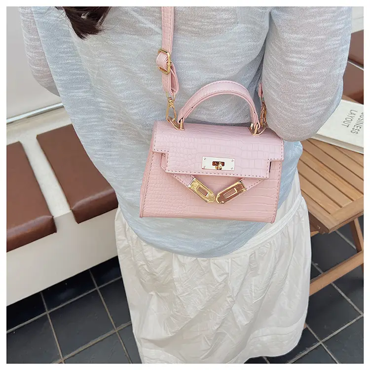 Pink Croc Leather Shoulder Bag with Gold Clasp — feature 33