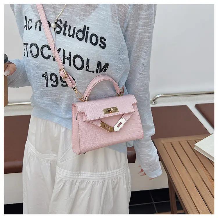 Pink Croc Leather Shoulder Bag with Gold Clasp — feature 35