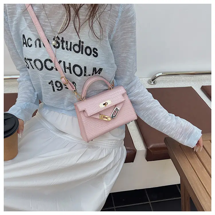 Pink Croc Leather Shoulder Bag with Gold Clasp — feature 36