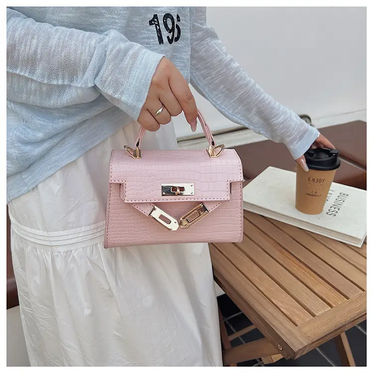 Pink Croc Leather Shoulder Bag with Gold Clasp — feature 37