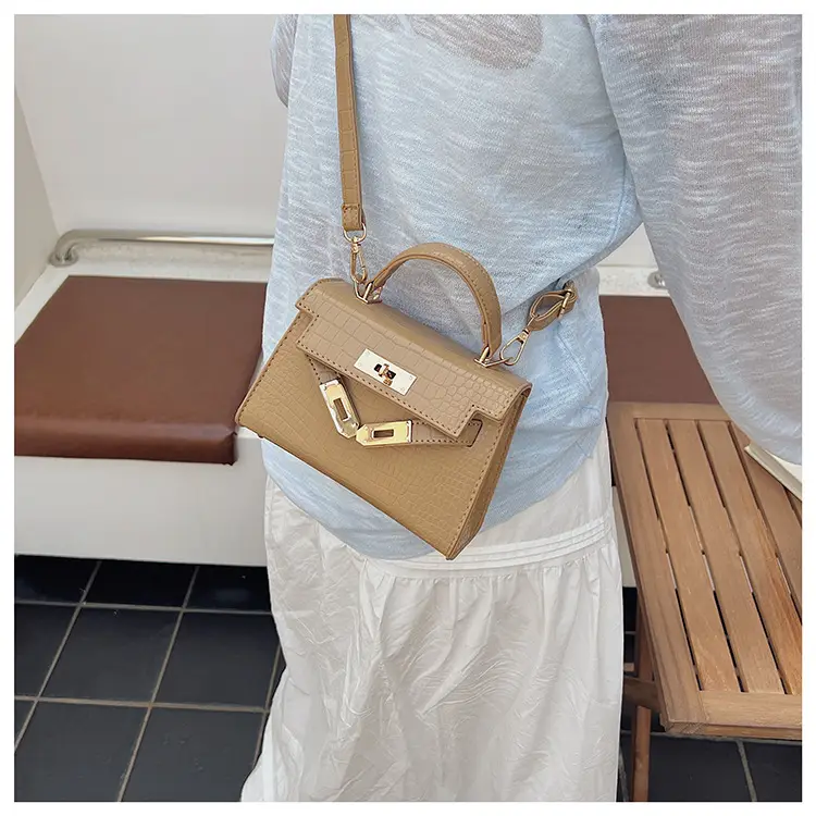 Pink Croc Leather Shoulder Bag with Gold Clasp — feature 40