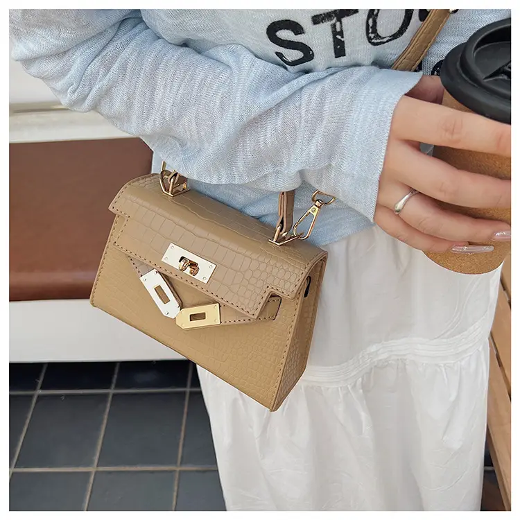 Pink Croc Leather Shoulder Bag with Gold Clasp — feature 41