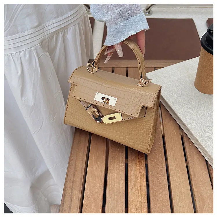 Pink Croc Leather Shoulder Bag with Gold Clasp — feature 42