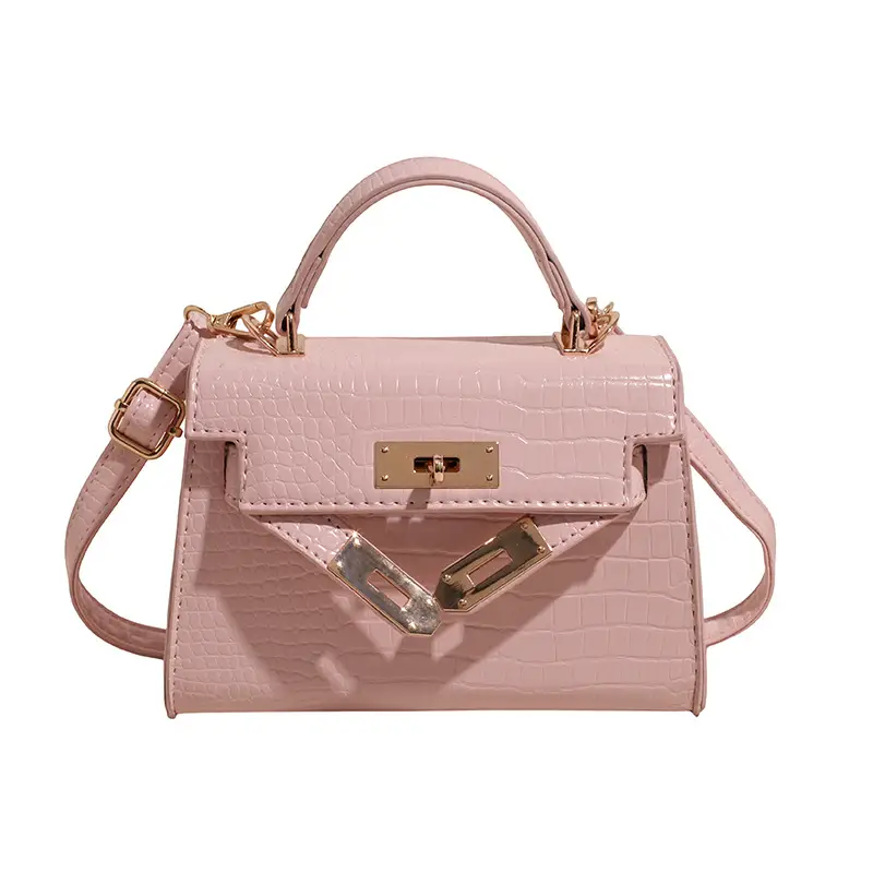 Pink Croc Leather Shoulder Bag with Gold Clasp - Image 4