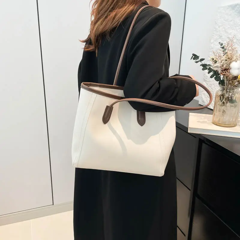 2025 New Style Large Capacity Tote Bag Pu Color-Blocking