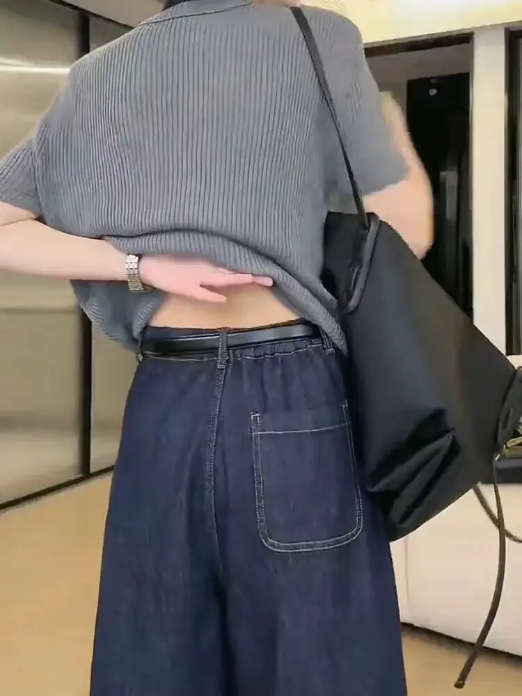 145 Petite Dark Blue Wide Leg Jeans for Women