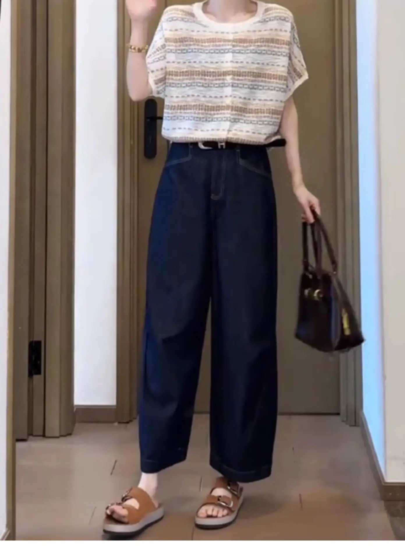 145 Petite Dark Blue Wide Leg Jeans for Women — feature 2