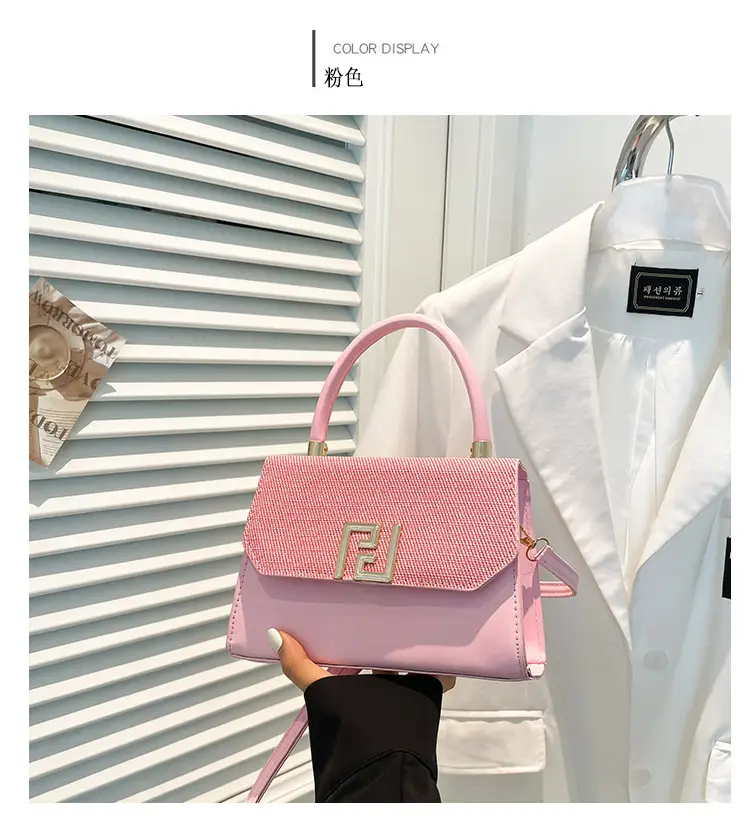 Pink Square Handbag with Gold Embroidery — feature 27