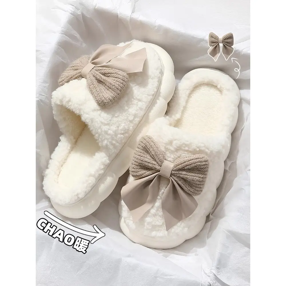 Winter Cute Cartoon Bow Cotton Slippers for Girls Home Indoor Non-Slip Soft Bottom Warm Confinement Slippers Wholesale
