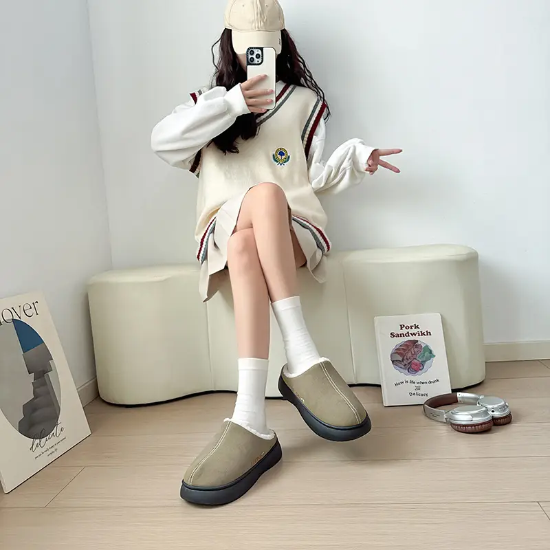 Home Warm Cotton Slippers for Women in Winter Fleece-Lined, Wear-Resistant and Non-Slip Couple's Baotou Slippers for Women in Winter