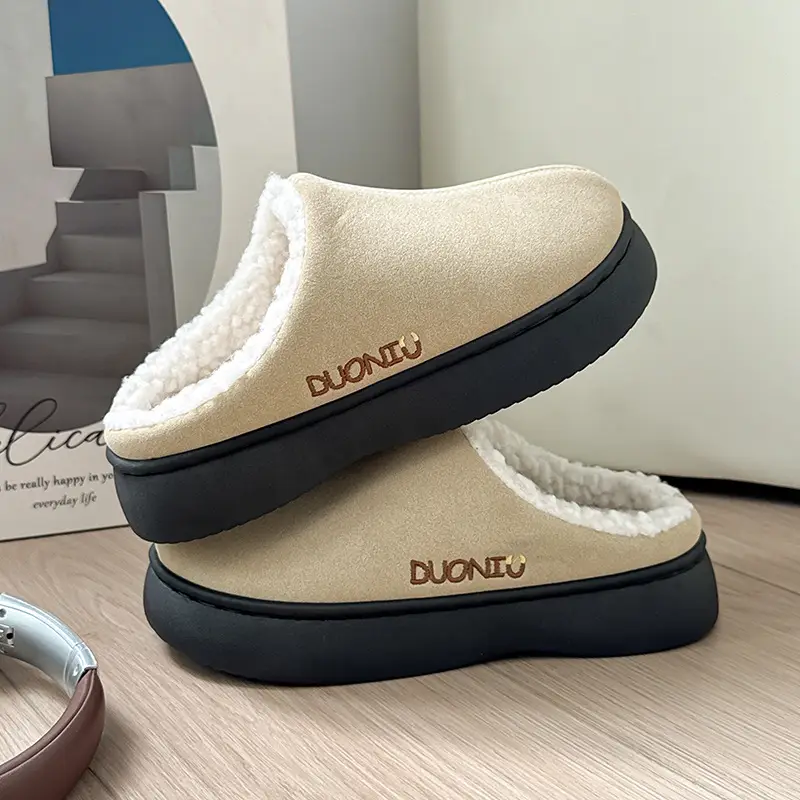 Home Warm Cotton Slippers for Women in Winter Fleece-Lined, Wear-Resistant and Non-Slip Couple's Baotou Slippers for Women in Winter