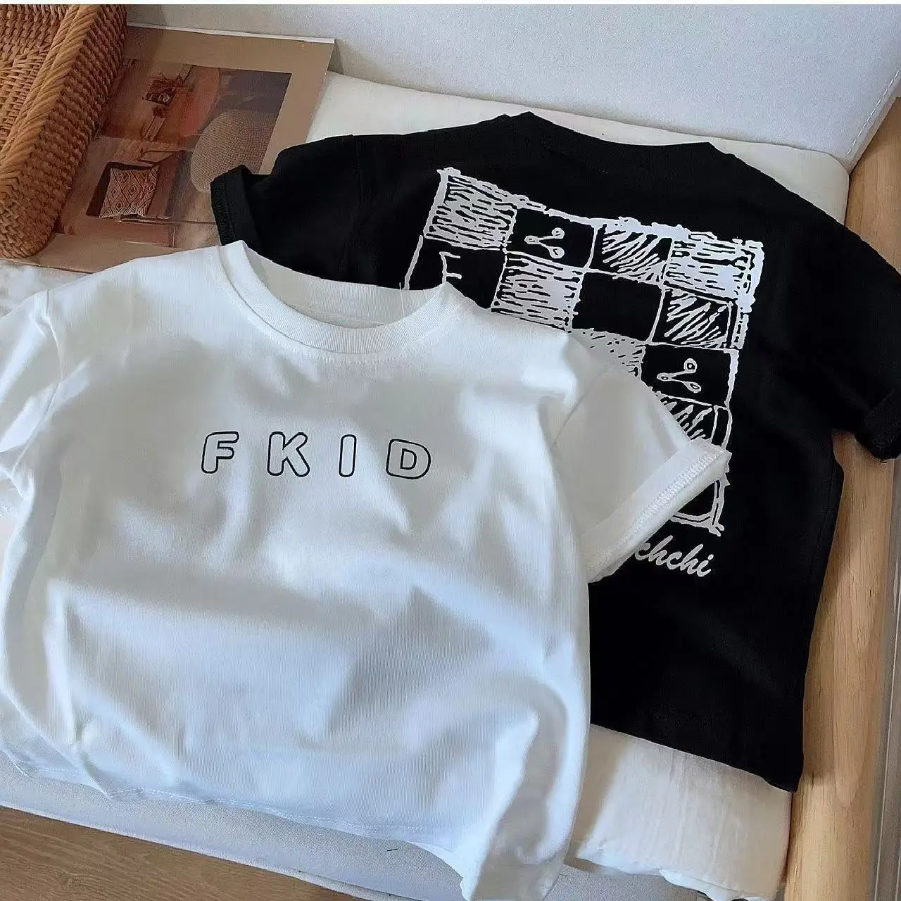 Boys Pure Cotton Short Sleeve T-Shirt White Black FKD Print - Image 7