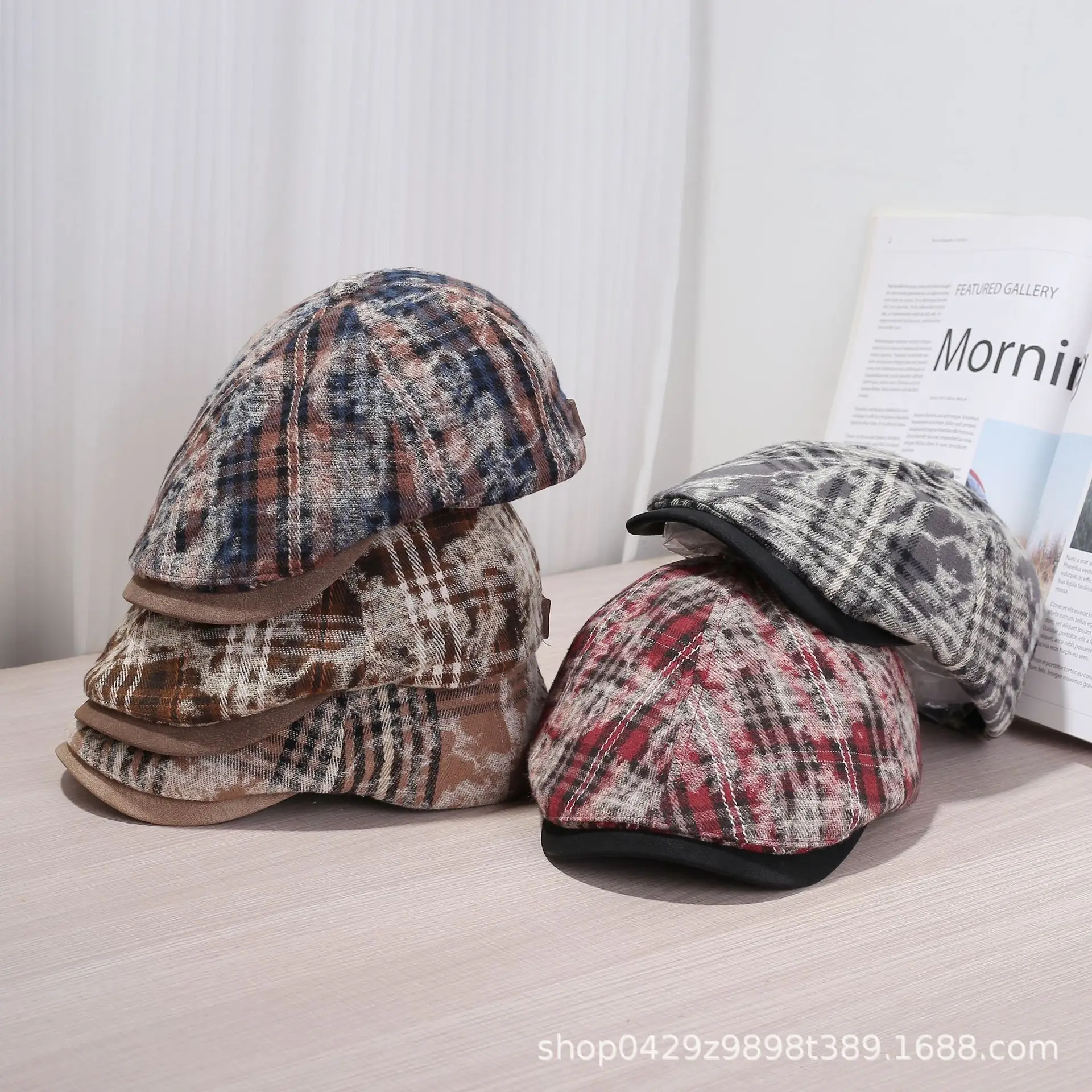 Korean Plaid Tie-Dye Hats for Women Large Circumference - Image 9