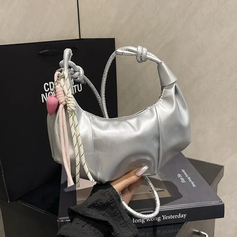 Silver Oil Leather Shoulder Bag for Women - Image 5