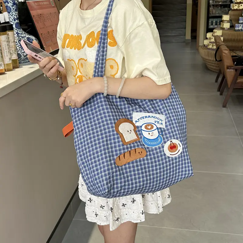 Cute Puppy Canvas Bag Blue Checkered Large Capacity