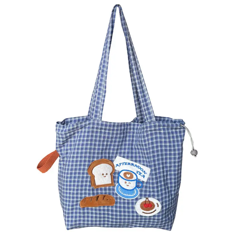 Cute Puppy Canvas Bag Blue Checkered Large Capacity