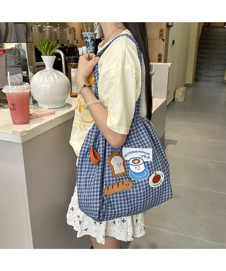 Cute Puppy Canvas Bag Blue Checkered Large Capacity — feature 10