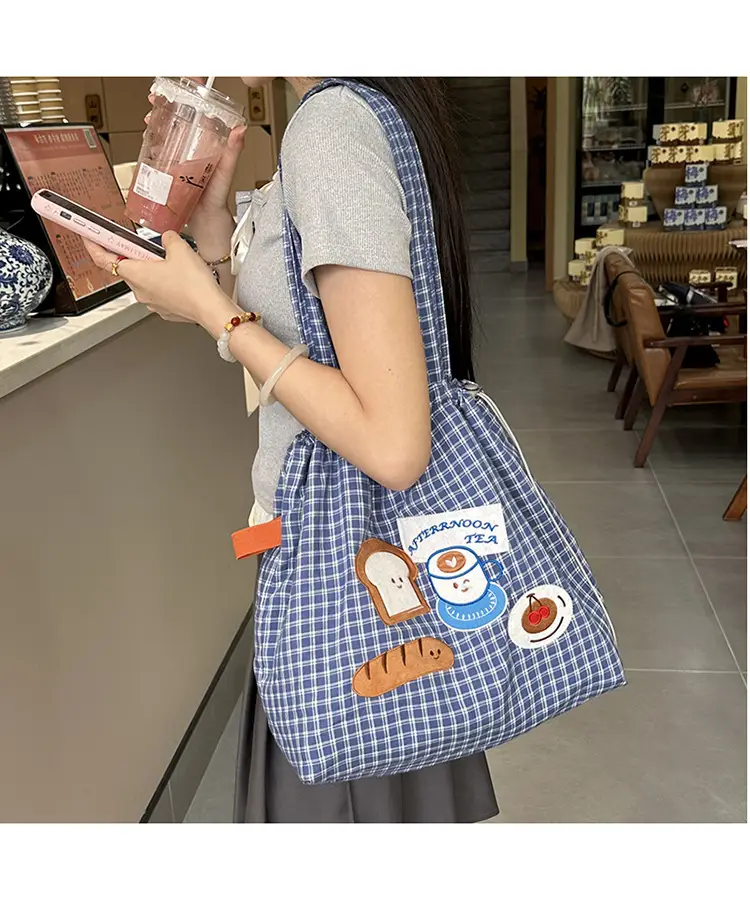 Cute Puppy Canvas Bag Blue Checkered Large Capacity — feature 11