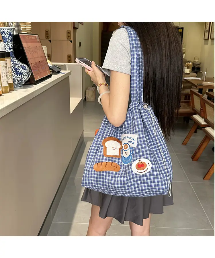Cute Puppy Canvas Bag Blue Checkered Large Capacity — feature 12