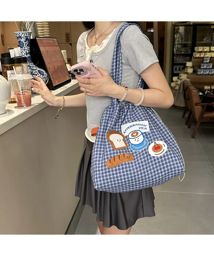 Cute Puppy Canvas Bag Blue Checkered Large Capacity — feature 13