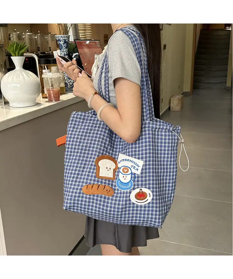 Cute Puppy Canvas Bag Blue Checkered Large Capacity — feature 14