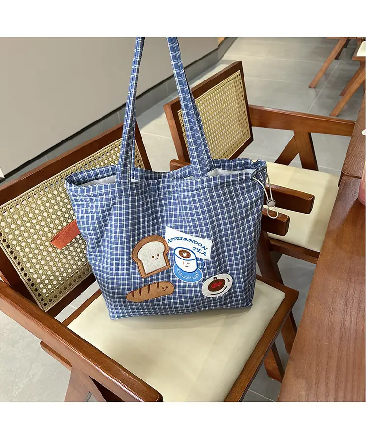 Cute Puppy Canvas Bag Blue Checkered Large Capacity — feature 2