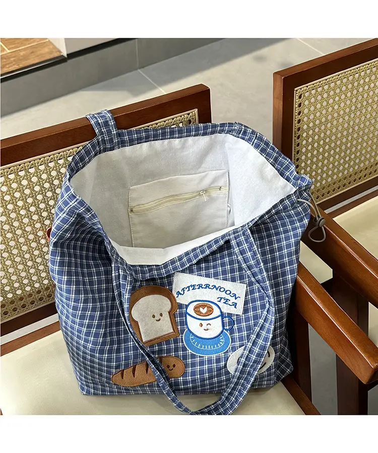 Cute Puppy Canvas Bag Blue Checkered Large Capacity — feature 3