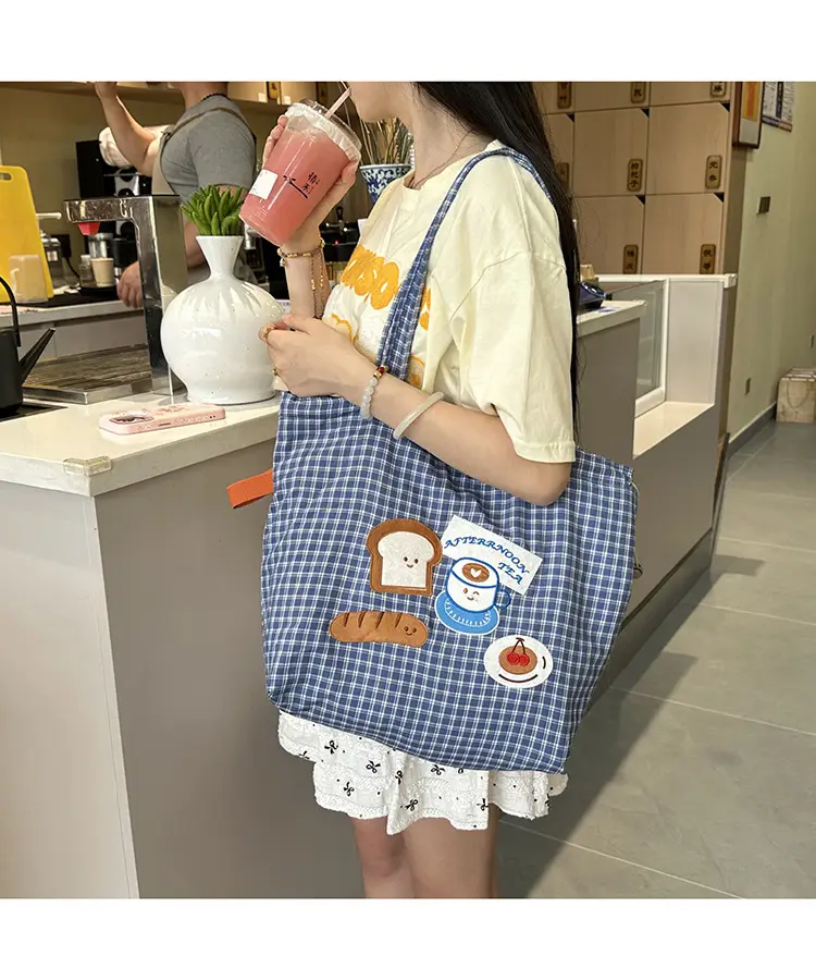 Cute Puppy Canvas Bag Blue Checkered Large Capacity — feature 8
