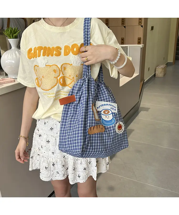 Cute Puppy Canvas Bag Blue Checkered Large Capacity — feature 9