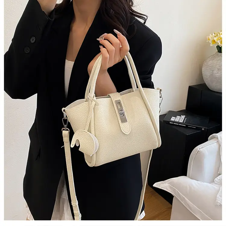 Women's Beige Leather Crossbody Tote Bag with Top Handle — feature 17
