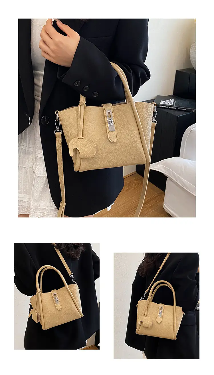 Women's Beige Leather Crossbody Tote Bag with Top Handle — feature 8