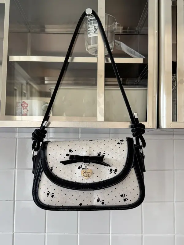 Women's Bow Armpit Crossbody Bag Black White Pattern - Image 2