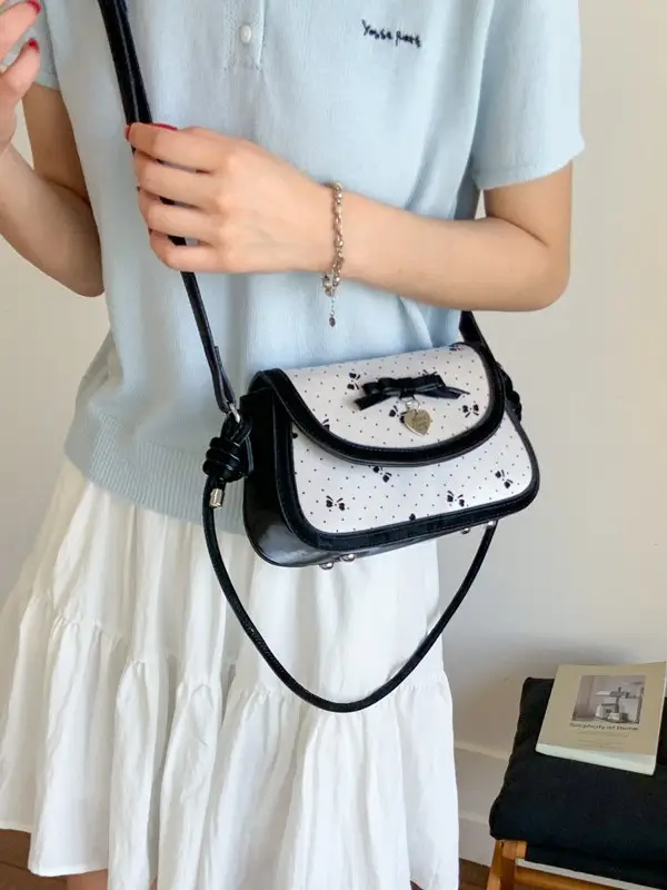Women's Bow Armpit Crossbody Bag Black White Pattern - Image 3