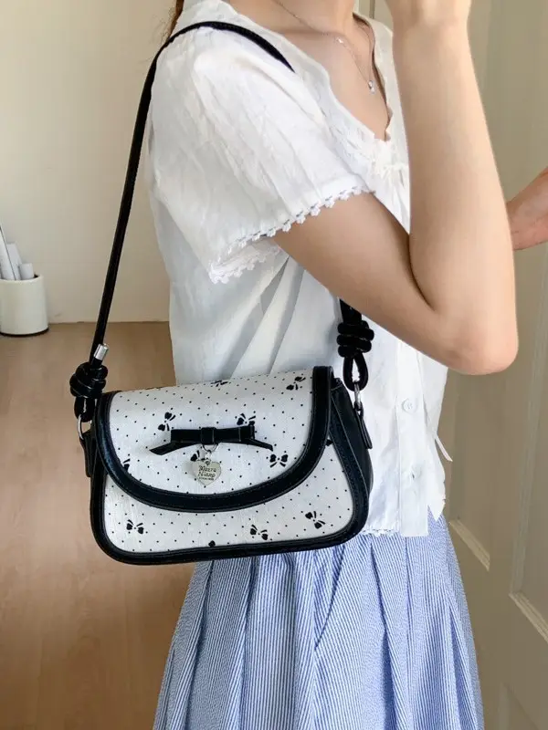 Women's Bow Armpit Crossbody Bag Black White Pattern - Image 4