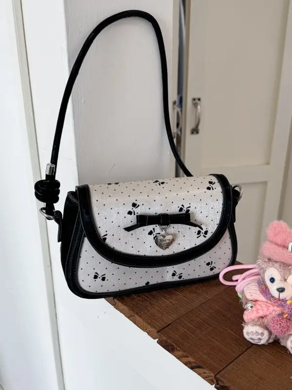 Women's Bow Armpit Crossbody Bag Black White Pattern - Image 5