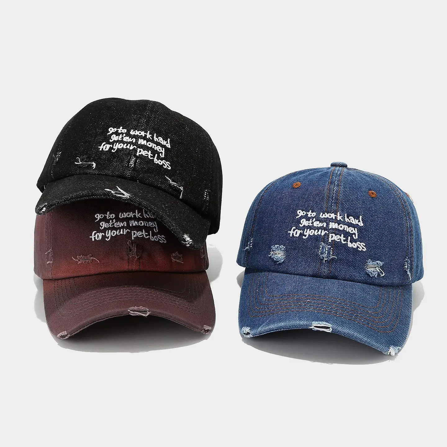 Retro Distressed Letter Baseball Cap for Men Women Denim — feature 3