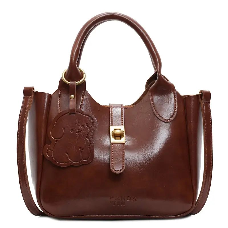 Women's Brown Leather Shoulder Bag with Gold Plated Handles - Image 2