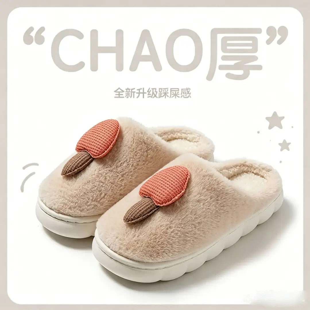 New Autumn and Winter Cotton Slippers for Women, Cartoon Mushroom Head, Home Indoor Fleece-Lined Thick Sole, Warm Couple Furry Slippers for Men - Image 3
